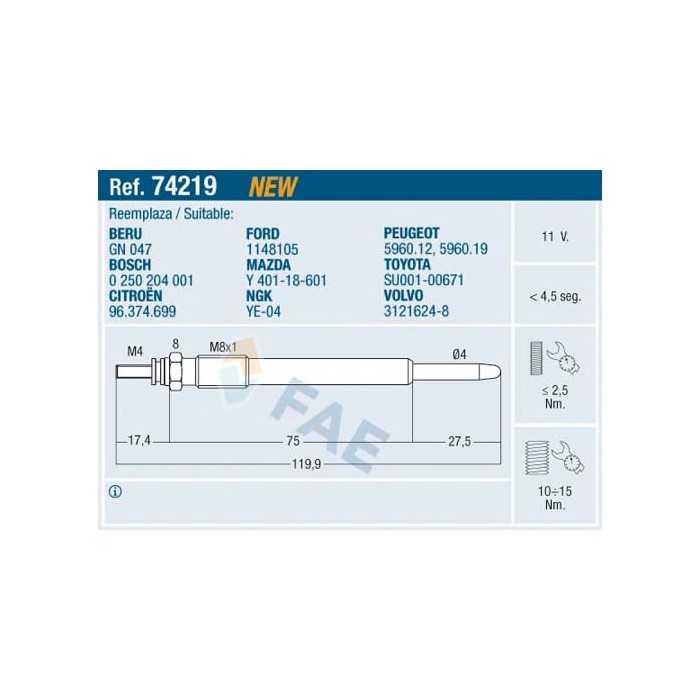 Bougie de Préchauffage Pour Peugeot Ford Toyota Suzuki 5960.12 1148105 5960.19