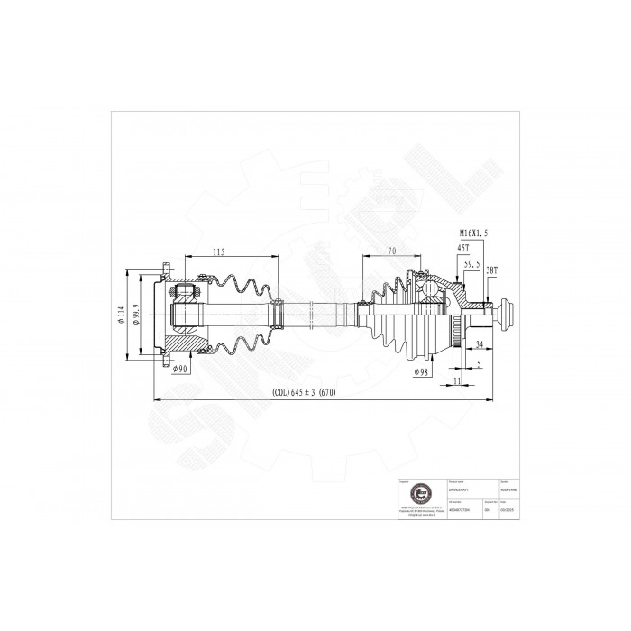 Cardan Arbre de Transmission Avant Droit Pour Audi A6 4B0407272M