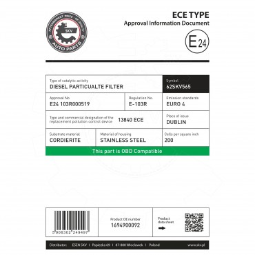 FAP Filtre à Particules Pour Mercedes-Benz Classe A B A 169 490 05 92